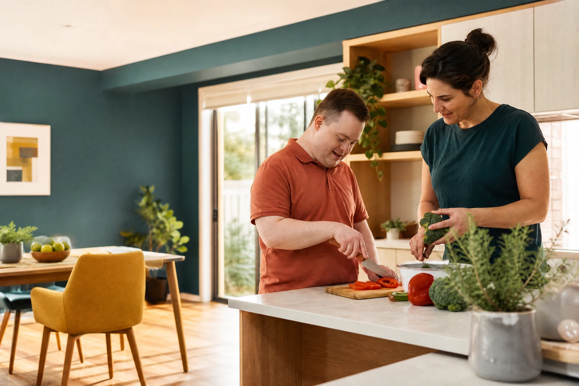 A participant preparing a meal at home with his support worker
